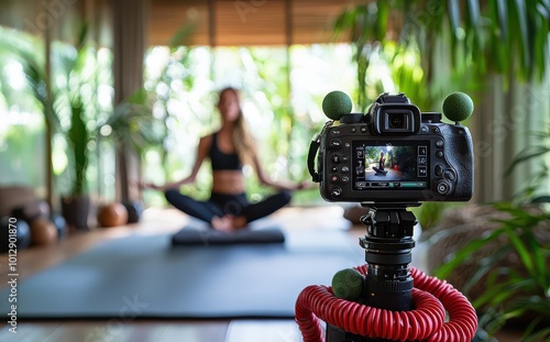 A professional camera capturing an influencer practicing yoga indoors, focusing on meditation and wellness in a serene setting