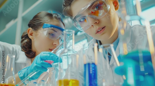 Students Conducting Chemistry Experiment in Laboratory