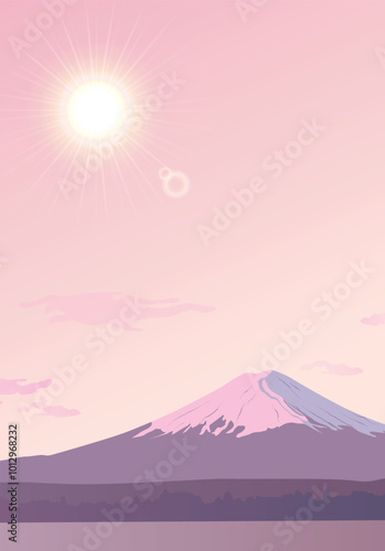 Dawn over Mount Fuji. Morning view of the landmark of Japan. Design for travel banners, journey, invitations. Landscape with a sunrise. Realistic vector background. View of the rising sun.