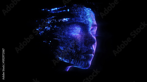 This striking visual features a hologram of a human face rendered in luminous blue against a dark background. The design incorporates a glitch effect, adding a dynamic and futuristic feel that enhance