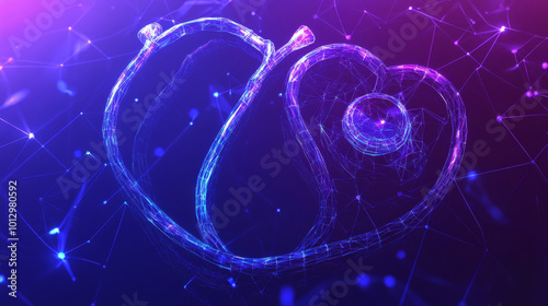 Stethoscope: Cardiologist Tool for Heartbeat Monitoring. Diagnostic Equipment for Hospital Services. Low Poly, Wireframe 3D Vector Illustration. Abstract Polygonal Image on a Blue Neon Background.