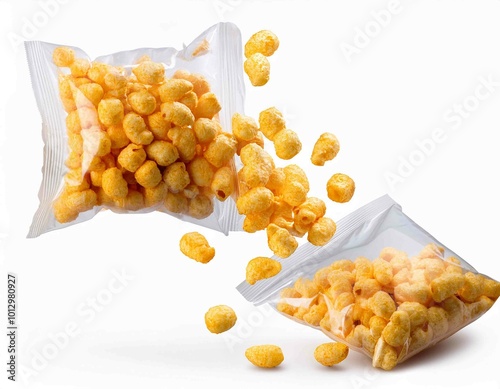 Puffed corn snacks cheesy chips fly out of plastic snack bags isolated on white background