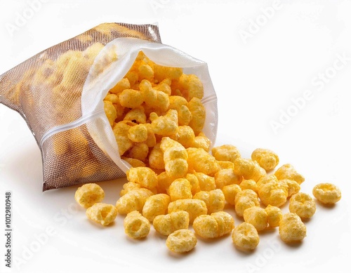 Puffed corn snacks cheesy chips fly out of plastic snack bags isolated on white background