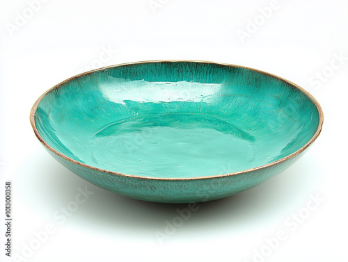 A large glazed turquoise plate on white background