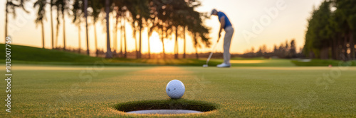 A man is playing golf and is about to hit a ball. The ball is in the hole