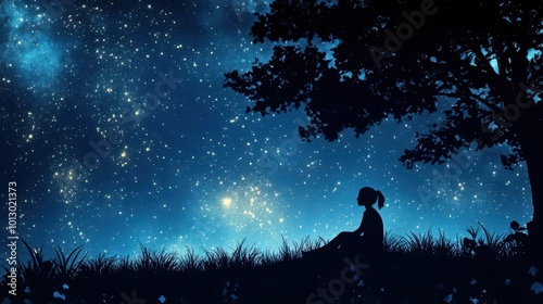 A serene silhouette of a girl gazing at a starry night sky, surrounded by lush grass and a majestic tree.