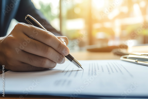 Close-up of a hand signing a document with a pen.