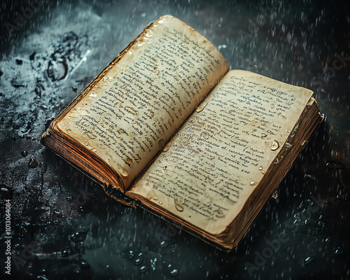 Rain falling on an open diary with ink smudging away, forgotten stories, unwritten feelings