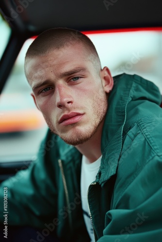 Young man with buzz cut wearing green jacket sitting in car