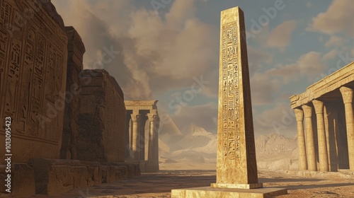 An ancient Egyptian obelisk stands in the desert.