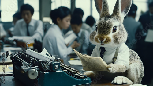 Rabbit Typist in a Busy Office