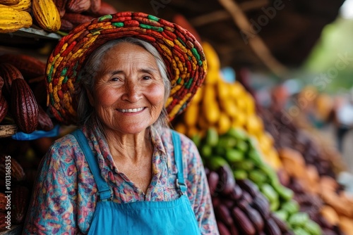 An elderly woman wearing a vibrant hat stands amidst piles of cacao and fruits in a busy market. She smiles warmly, conveying contentment and connection to nature.