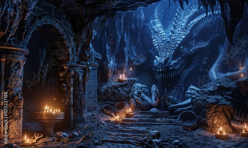 Dark, eerie dragon's lair filled with ancient bones and glowing magical artifacts, 4K hyperrealistic photo