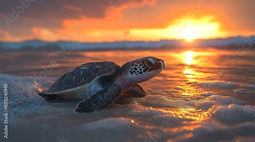 A conservationist releasing a sea turtle into the ocean, with the sun setting over a sandy beach.