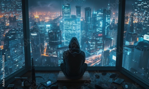 High-tech hacker's enclave overlooking a sprawling metropolis, 4K hyperrealistic photo