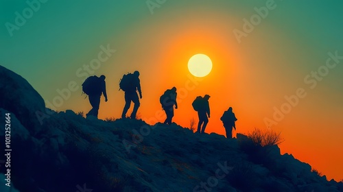 hikers silhouetted against a vibrant sunset landscape