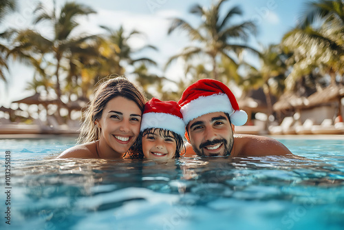 happy dad mother with his child swimming in the pool on a summer day on vacation at the resort, christmas lifestyle on the resort