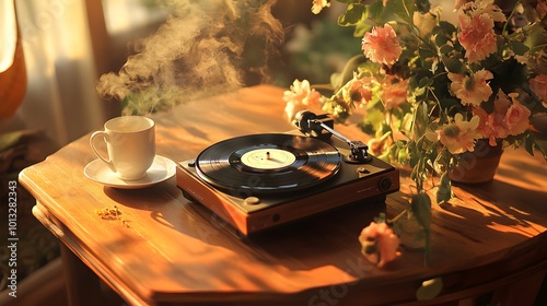 A tranquil image of a record player spinning on a wooden table, surrounded by fresh flowers and a steaming cup of coffee, evoking a sense of nostalgia