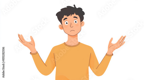 Confused young man with raised hands expressing uncertainty and doubt