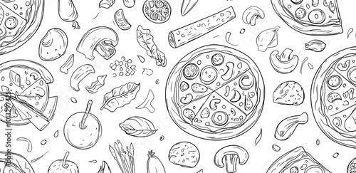 A seamless pizza pattern with hand drawn illustrations. A top view of the illustration. A modern illustration with engraved details.