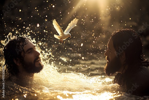 Christianity. John baptizes Jesus in the Jordan River, and a dove descends. (Matthew 3:13-17)