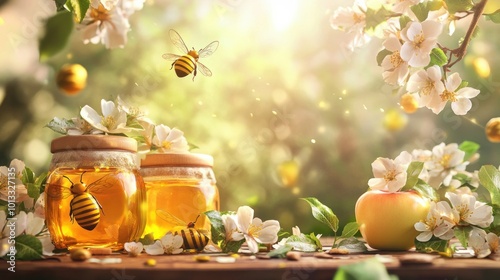 Celebrate the Jewish New Year with a beautiful 3D image. It features flowers, a happy bee, honey jars, and a delicious apple. It works well for online banners or holiday cards.