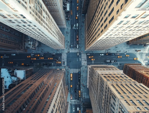 View of the financial district with a drone perspective, looking directly up at the tall buildings