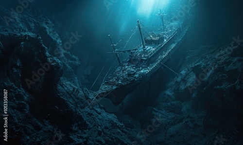 Sunken treasure shipwreck in the abyssal depths, 4K hyperrealistic photo