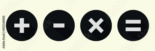 Black circle math icons set. Plus, minus, multiplication, equal icons. 