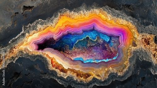 Cross-section of a geode with vibrant, multicolored mineral layers exposed