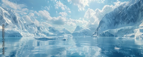 Iceberg-strewn fjord with towering glaciers and a serene atmosphere, 4K hyperrealistic photo