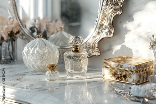 エレガントで豪華な香水ボトルとドレッサー ｜Elegant and Luxurious Perfume Bottles on Vanity Table