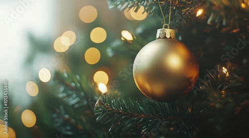 Close-up of a gold Christmas ornament on a tree, with a blurred lights background. 