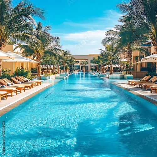 Sophisticated poolside area with bright blue skies in a luxurious resort image