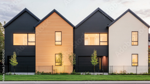 Modern residential houses in a row with distinct colors and landscaping during dusk