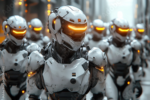 Futuristic robot army marching in unison