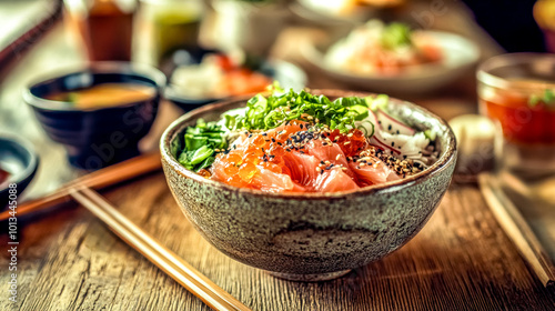 Delicious poke bowl with salmon and rice being served on restaurant table