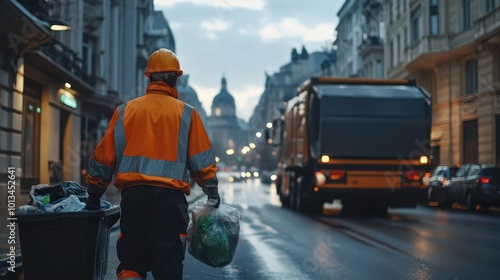 urban sanitation municipal worker in high-visibility gear collecting garbage. modern waste management truck in background. clean city street showcases effective urban environmental services.