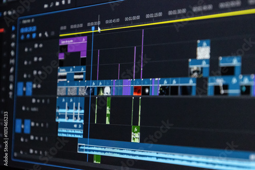 Closing the video editing timeline and the computer monitor while the video editor works on video editing on the computer. fixed programme work for editing, processing, post-production, clip creation