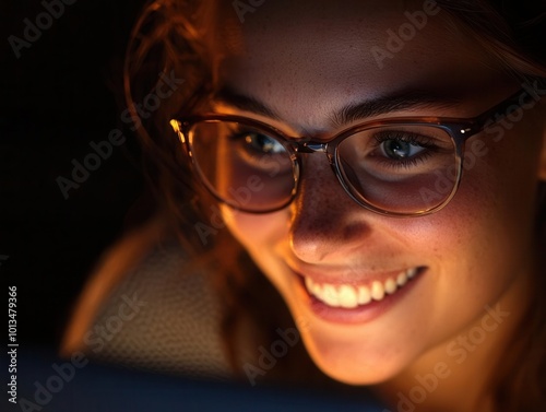 A person smiling while looking at a computer screen, bifocals set aside, embracing digital eye care innovation, [Bifocals at the Monitor Liberation Day], [comfort and progress], ,