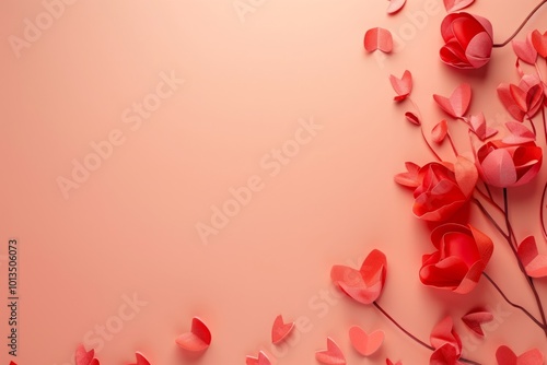 Paper cut-style red flowers and heart shapes on a soft pink background. Flat lay composition with copy space, perfect for Valentine's Day, love, wedding, or romantic greeting cards. Generative AI