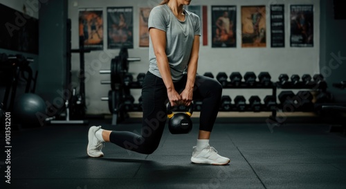 Fitness Enthusiast Performing Lunges with Kettlebell in Gym