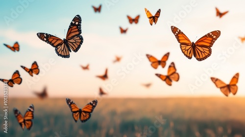 A swarm of monarch butterflies flying across a vast open field during their migration