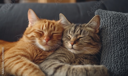 Two adorable cats, an orange tabby and a gray tabby, snuggled together peacefully.