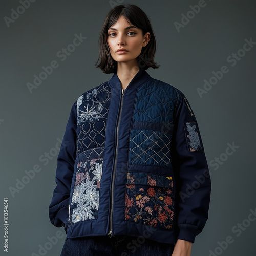 Femme brune portant une veste d'hiver matelassée bleu en patchwork, photographie de mode sur fond uni, concept de manteau chaud, tendance upcycling et recyclage des tissus