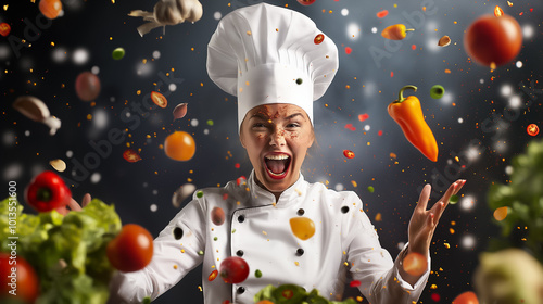 A chef with a tall white hat enthusiastically throws an array of colorful vegetables in the air, showcasing passion for cooking in a lively kitchen atmosphere filled with excitement