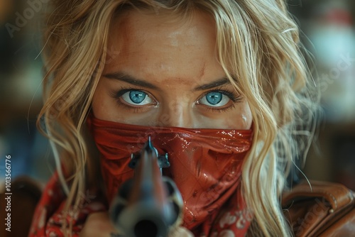 Blonde woman in red satin bandana and leather outfit holds shotgun while robbing a bank indoors