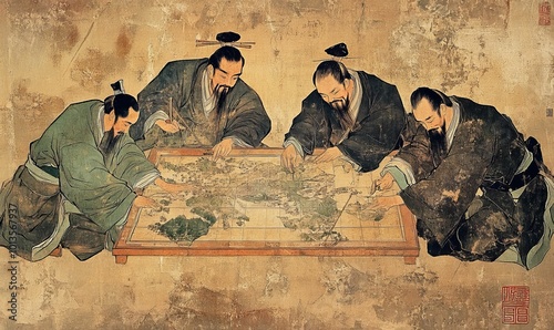 Four men studying a map.