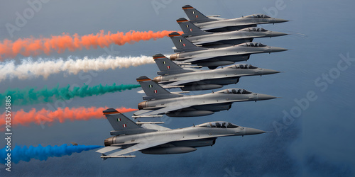 Indian Fighter Jets in Formation with Colorful Trails