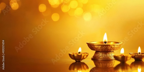 Beautiful brass oil lamp lit with several diyas, on a radiant orange-to-golden yellow gradient background with soft light effects. Copy space, Indian traditional festival happy Diwali background